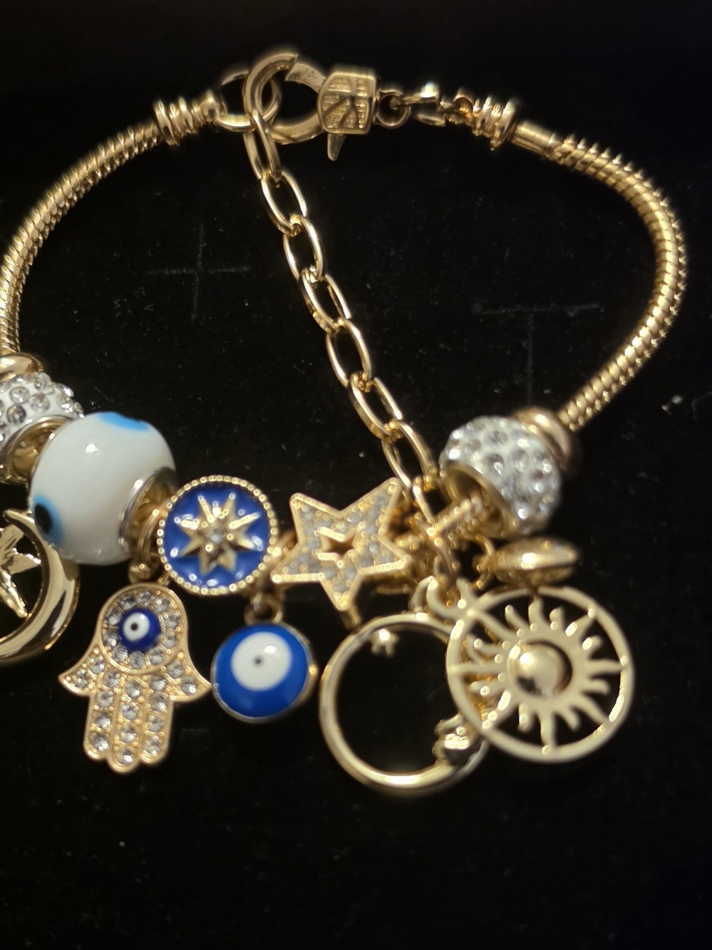 Gold-Tone Charm Bracelet with Blue and White Evil Eye Accents